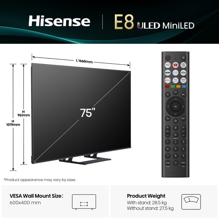 Hisense E8QTUK 75 inch Smart 4K Ultra HD Mini-LED TV