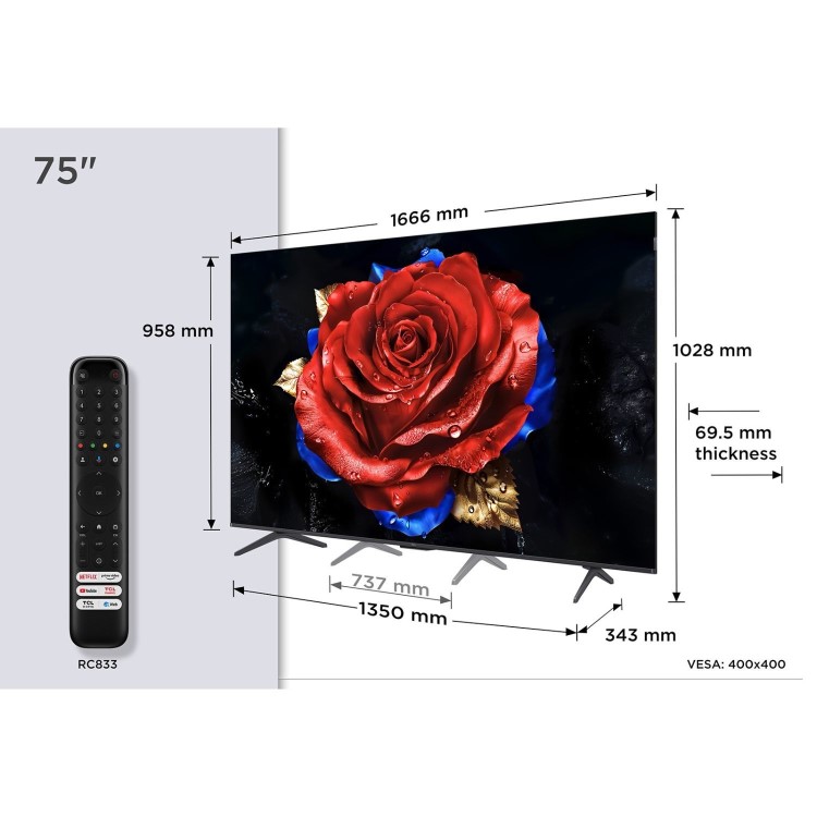 TCL T8C 75 inch 4K Ultra HD QLED Smart Google TV - 75T8C-UK