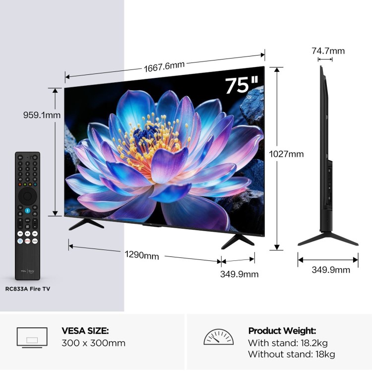 TCL 75V6D-UK 75 Inch 4K UHD Smart Fire TV  HDR10+ Dolby Atmos & Alexa Built-In