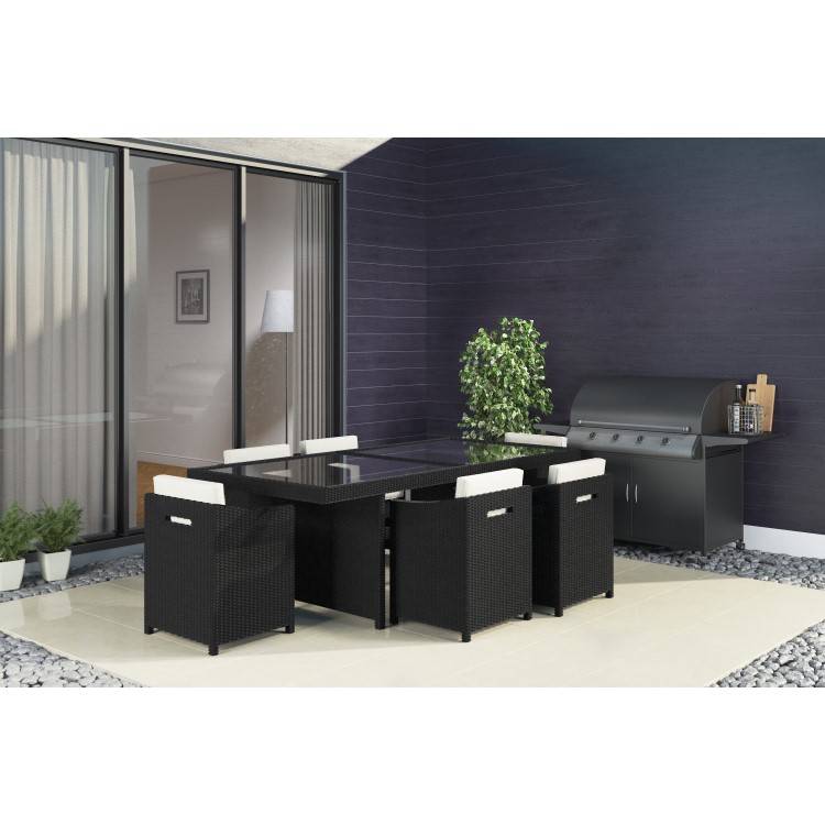 Black Rattan Garden Furniture Dining Set - Table & 6 Chairs