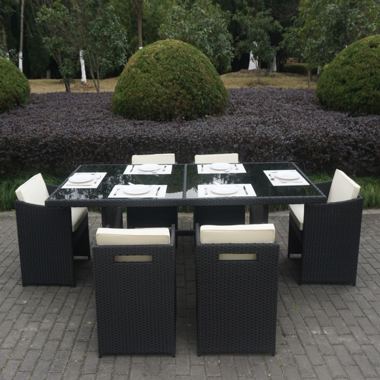 Black Rattan Garden Furniture Dining Set - Table & 6 Chairs