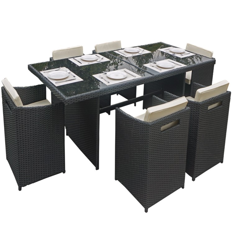 Black Rattan Garden Furniture Dining Set - Table & 6 Chairs