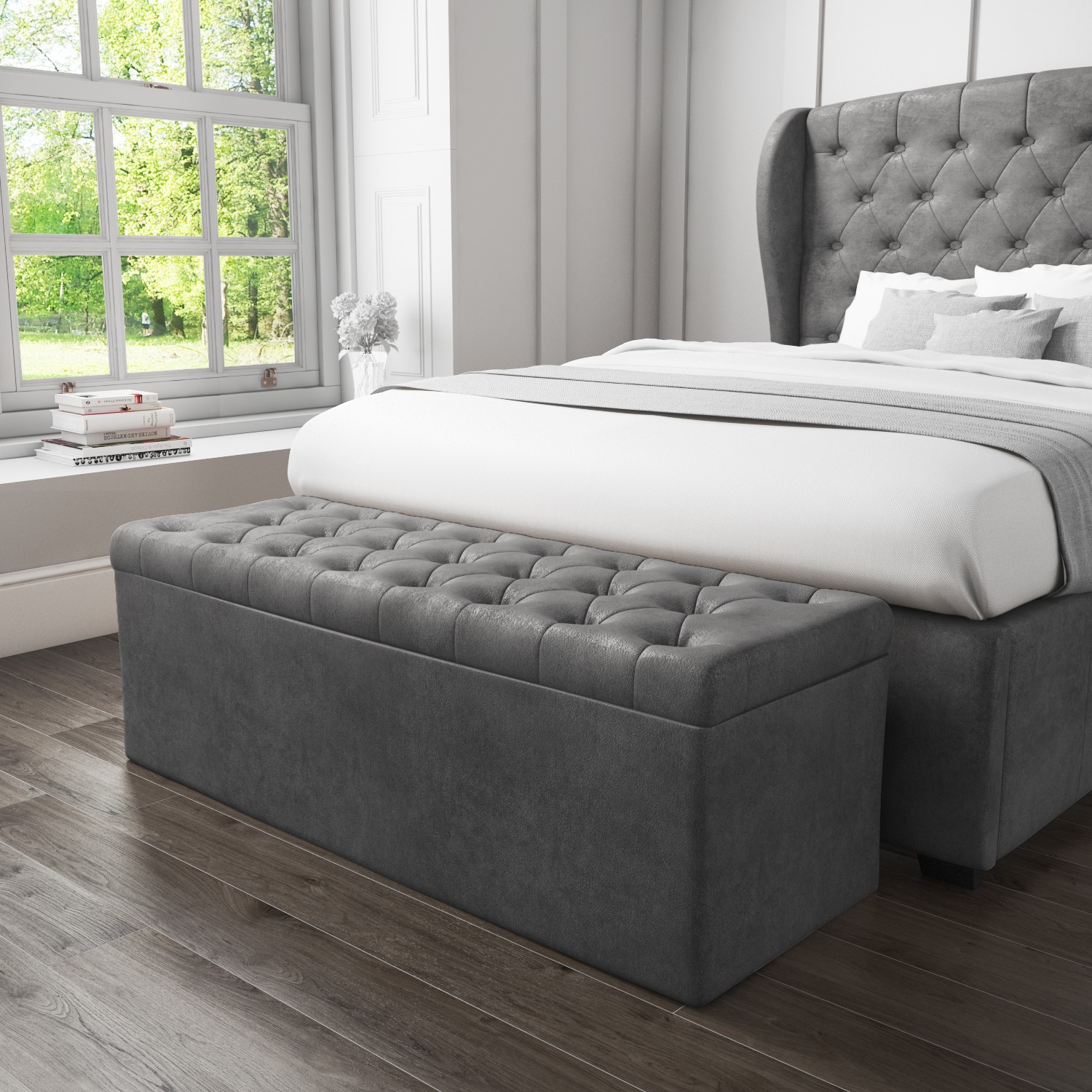 Safina Ottoman Storage Box in Grey Velvet Safina Ottoman Storage Box in Grey Velvet