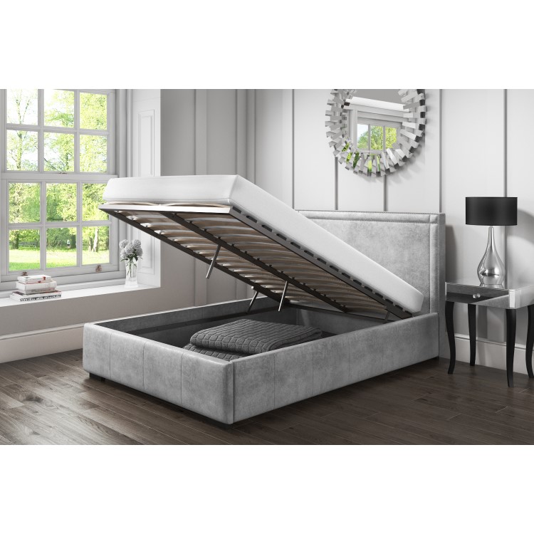 Safina King Size Ottoman Bed with Stud Detailing in Grey Velvet