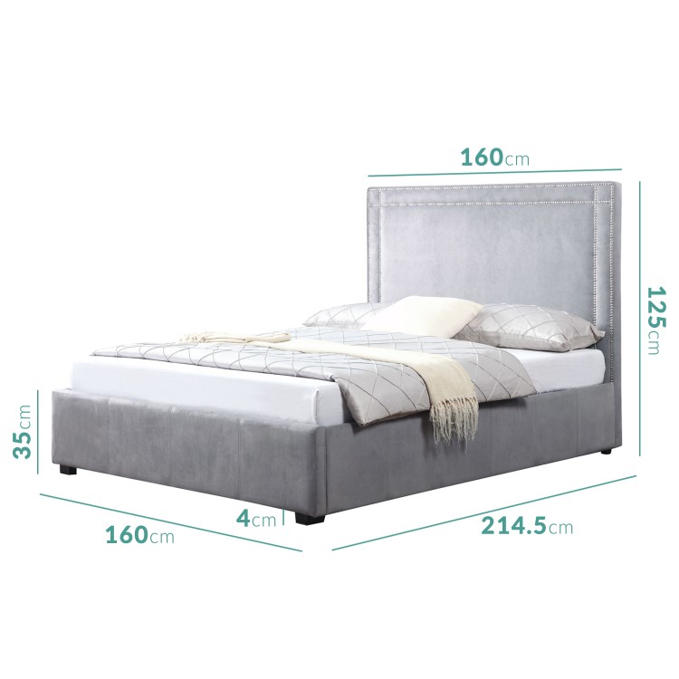 Safina King Size Ottoman Bed with Stud Detailing in Grey Velvet