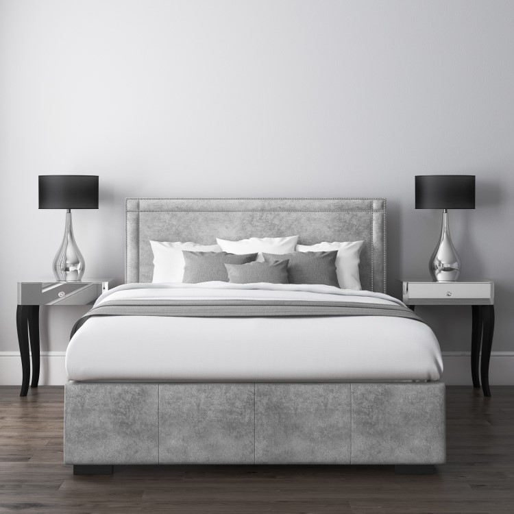Safina King Size Ottoman Bed with Stud Detailing in Grey Velvet