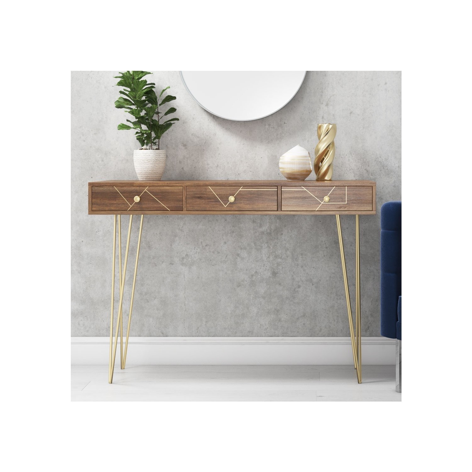Gold Narrow Console Table In Solid Wood With Brass Inlay Tahlia