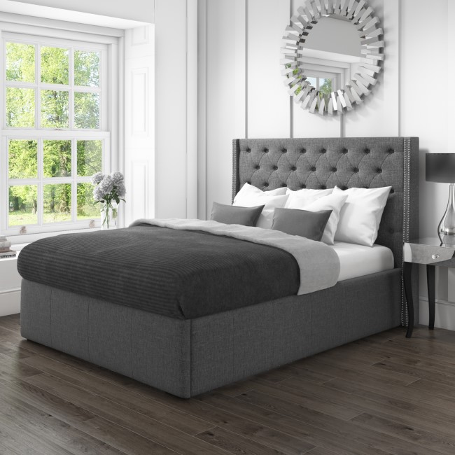Safina King Size Wing Back Bed with Stud Detail in Woven Grey Fabric