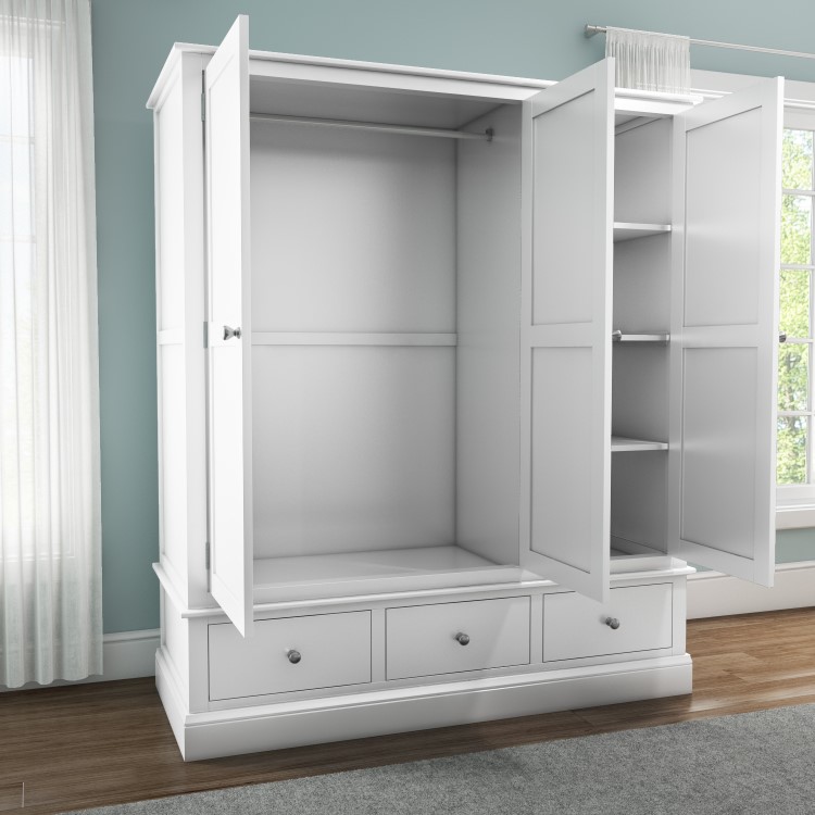 White Painted 3 Door Wardrobe with Drawers - Harper