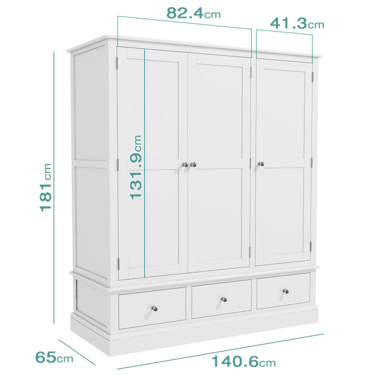 White Painted 3 Door Triple Wardrobe with Drawers - Harper
