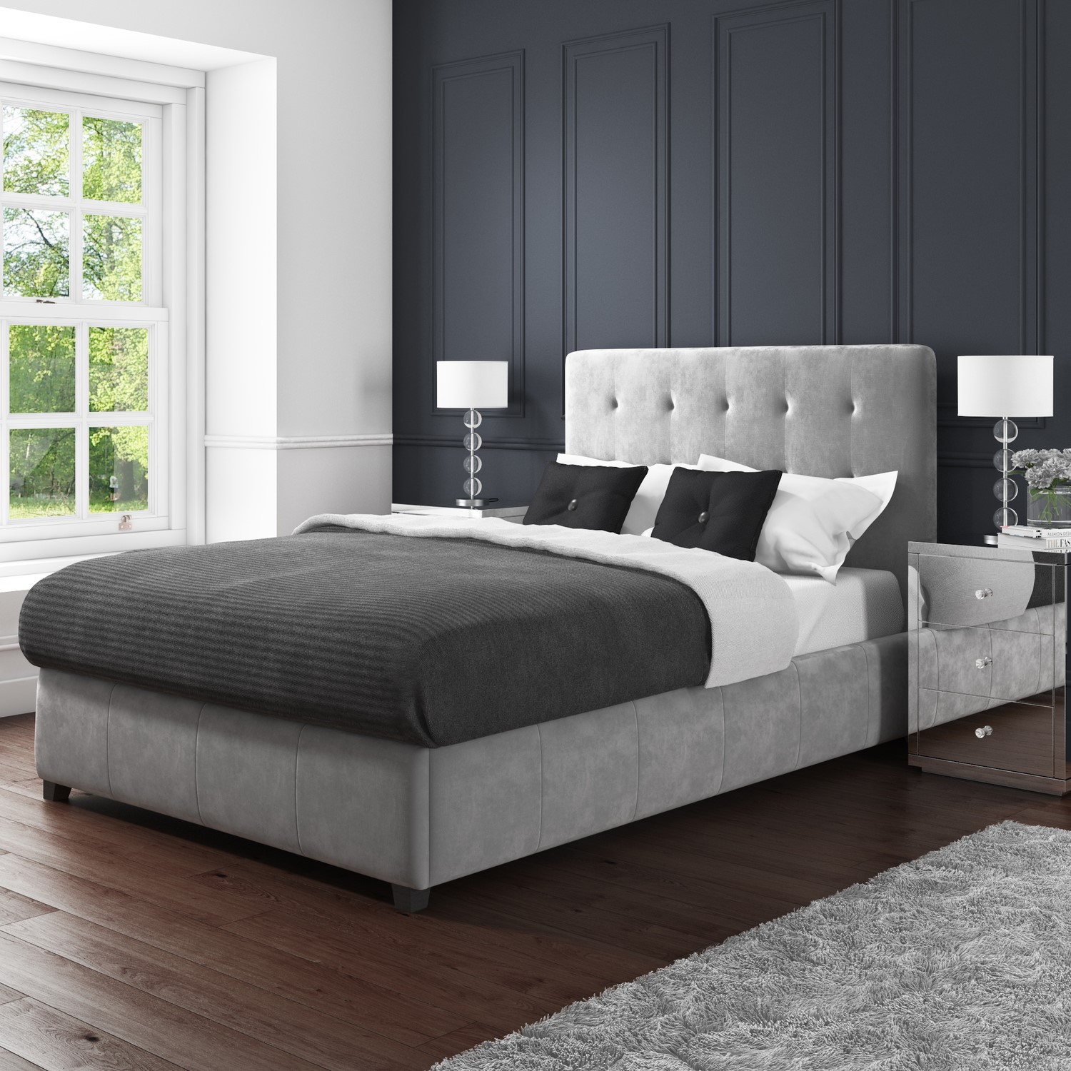 Safina Double Ottoman Bed in Grey Velvet Page 1 BuyItDirect.ie