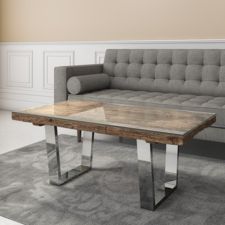 Grayson Industrial Coffee Table in Railway Wood with Glass Top