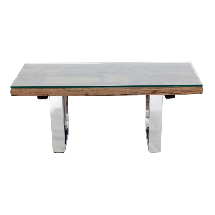 Grayson Industrial Coffee Table in Railway Wood with Glass Top
