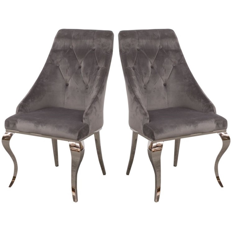 Set of 2 Grey Velvet Dining Chairs with Silver Legs - Vida Living Cassia