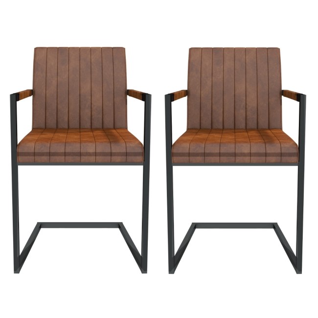Pair of Brown Faux Leather Industrial Dining Chairs with Arms - Isaac