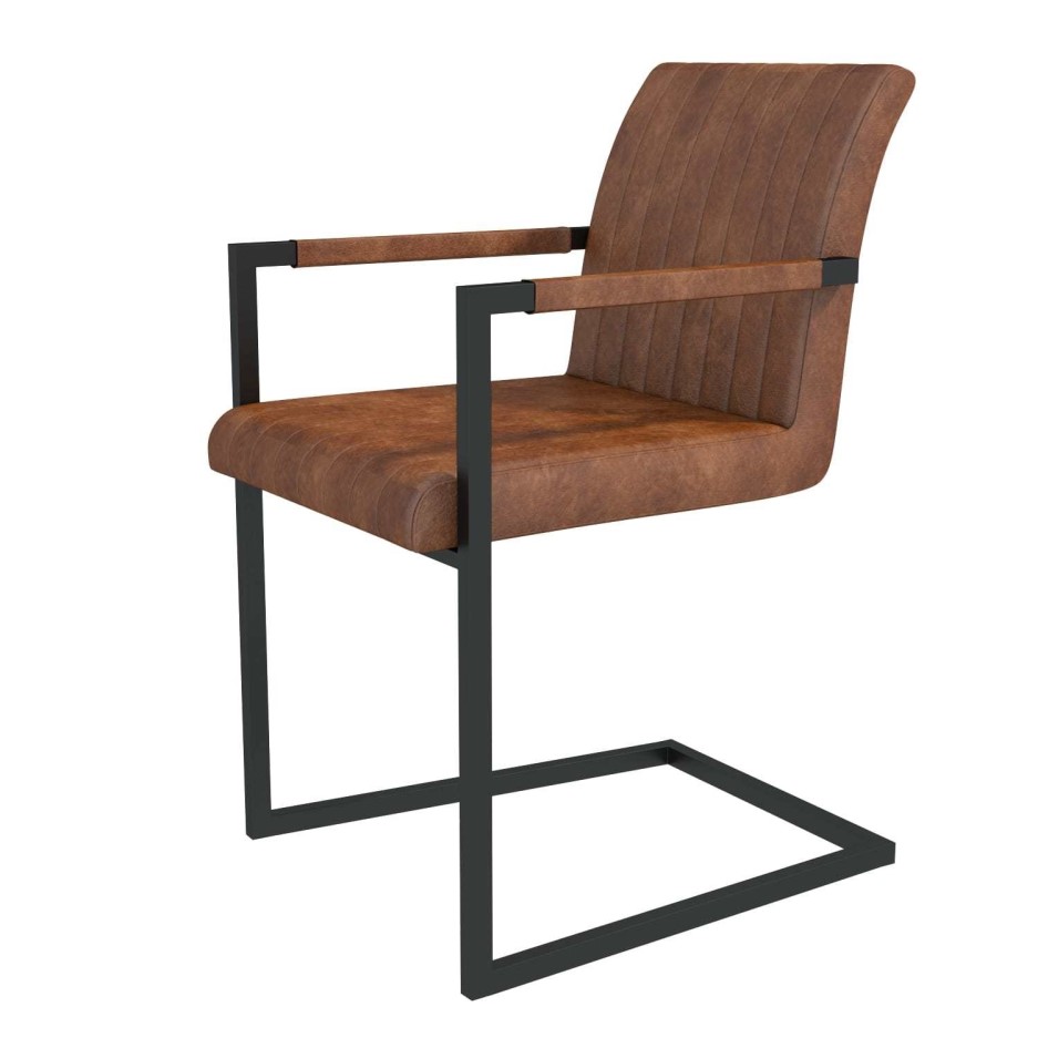 Pair of Faux Leather Industrial Dining Chairs with Arms in Tan Isaac