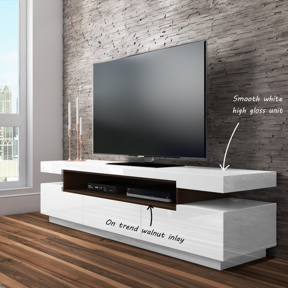 Large White High Gloss TV Unit with Walnut Effect Soundbar Shelf
