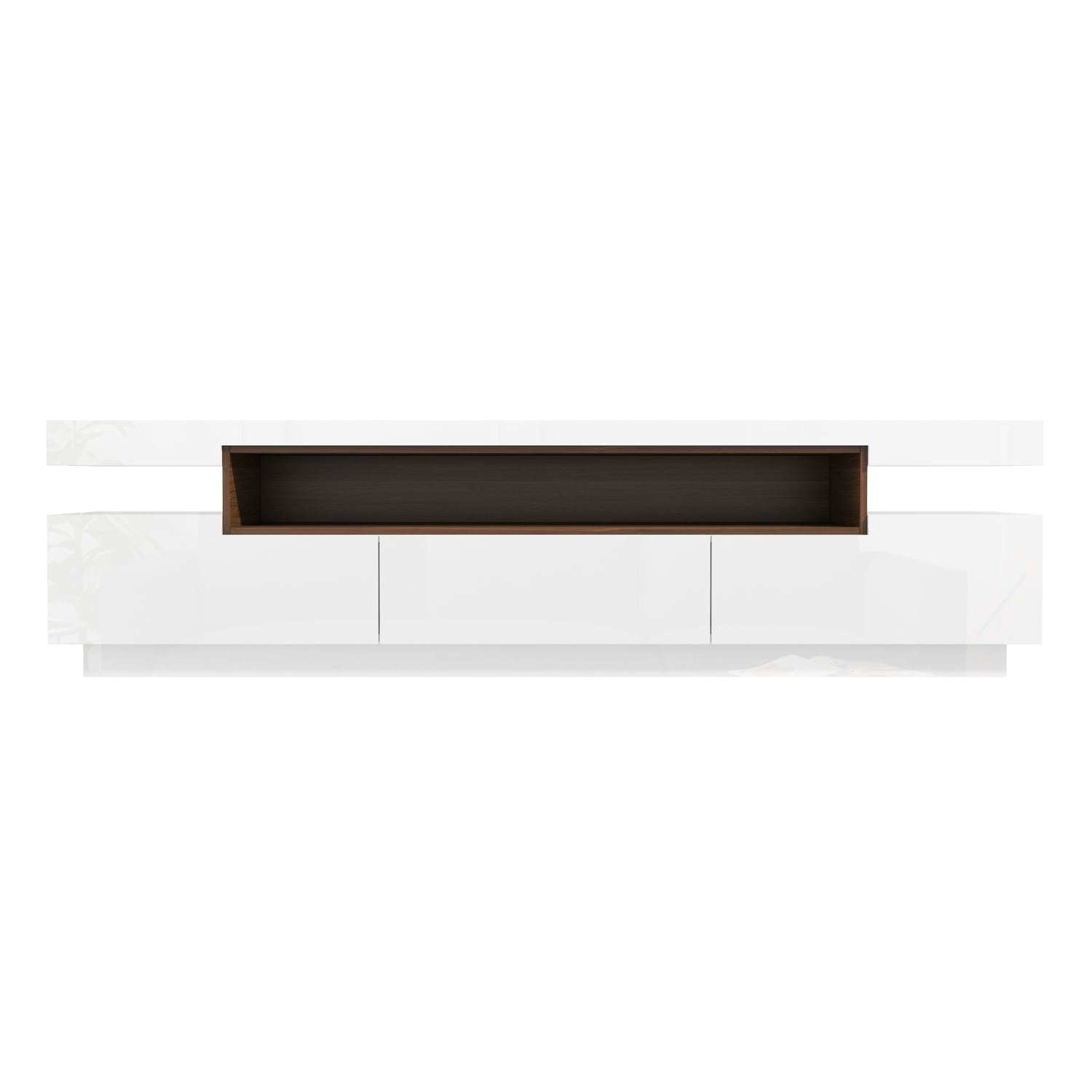 Large White High Gloss TV Unit with Walnut Effect Soundbar Shelf