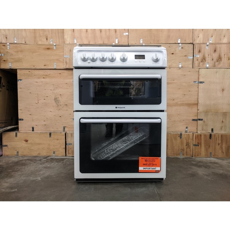 Refurbished Hotpoint HAGL60P 60cm Double Oven Gas Cooker with Lid White