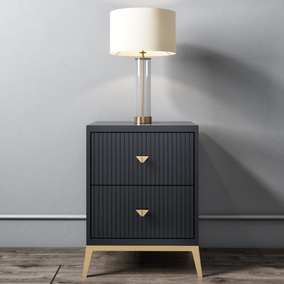 Maya Art Deco 2 Drawer Bedside Table in Dark Grey BuyItDirect.ie