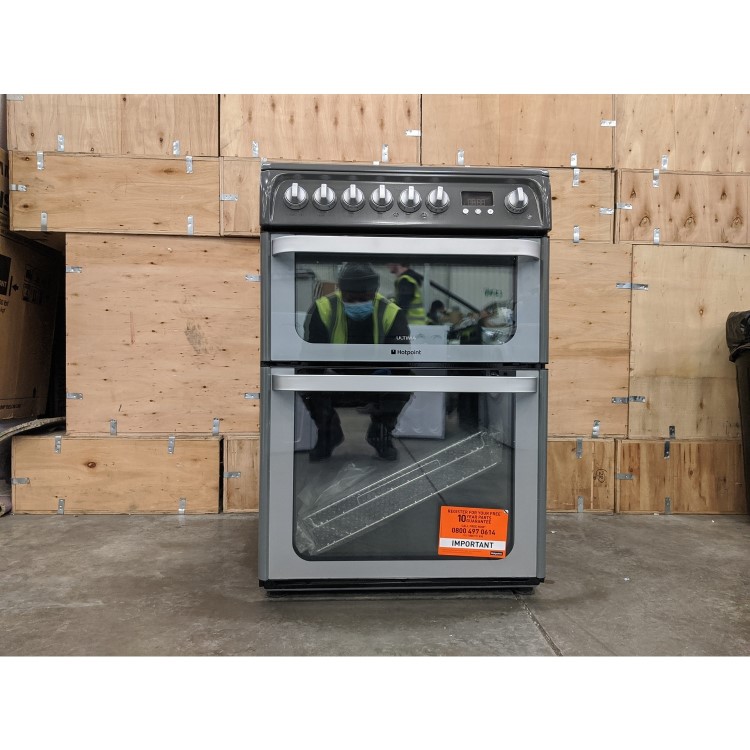 Refurbished Hotpoint Ultima HUE61GS 60cm Double Oven Electric Cooker with Ceramic Hob Graphite