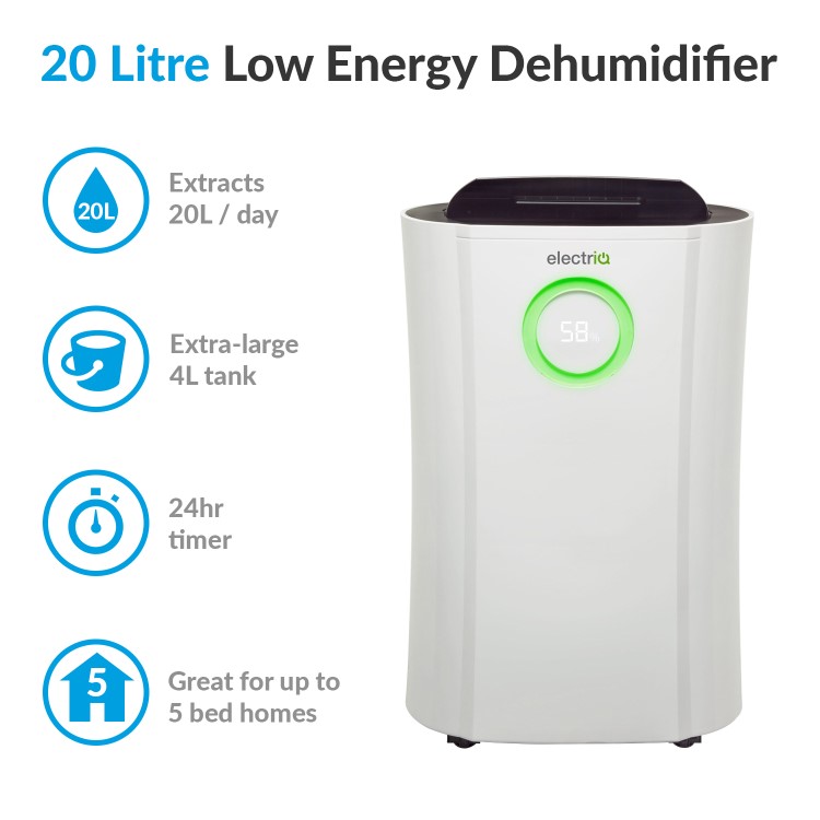 GRADE A1 - electriQ 20 Litre Low Energy Anti-Bacterial Best Buy Dehumidifier for 2 to 5 Bed Homes - CD20LE-V2