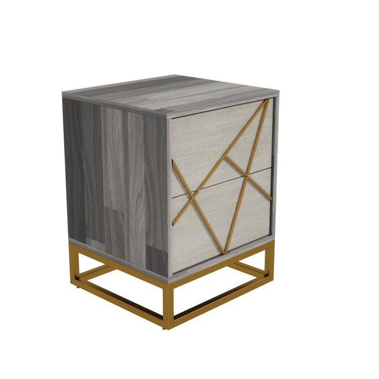 Zhara 2 Drawer Bedside Table in Grey with Gold Painted Wooden Trim