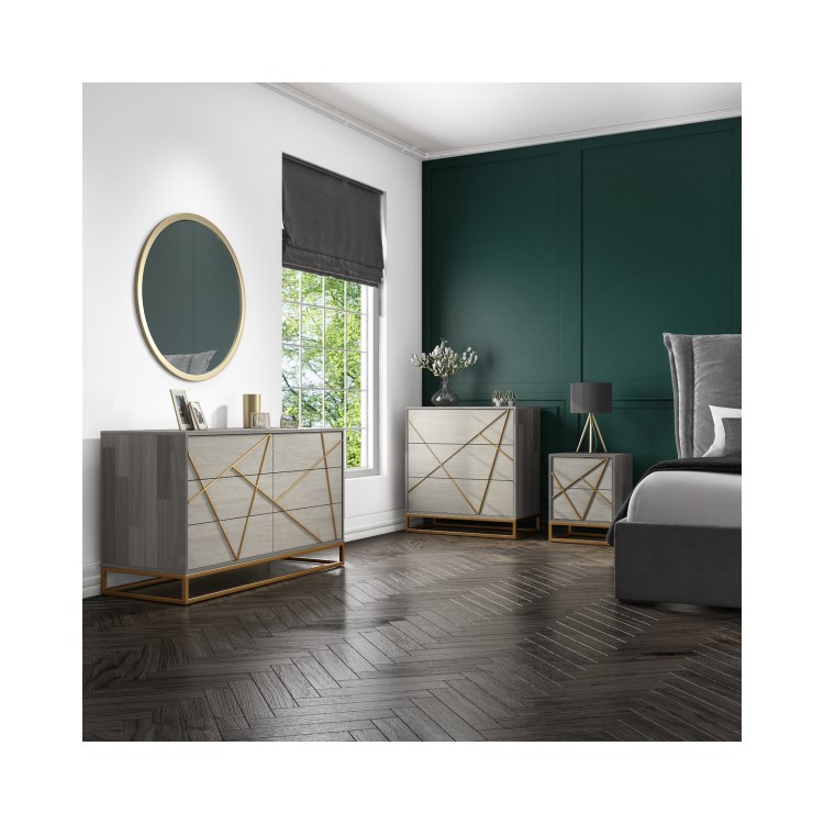 Zhara 2 Drawer Bedside Table in Grey with Gold Painted Wooden Trim