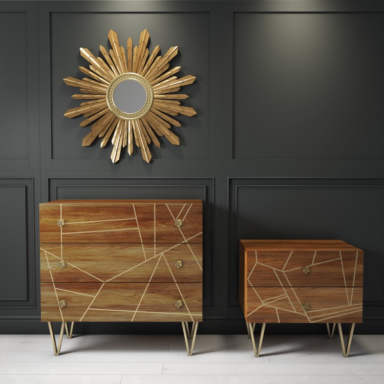 GRADE A1 - Halo 3 Drawer Chest of Drawers with Brass Inlay in Natural Honey 