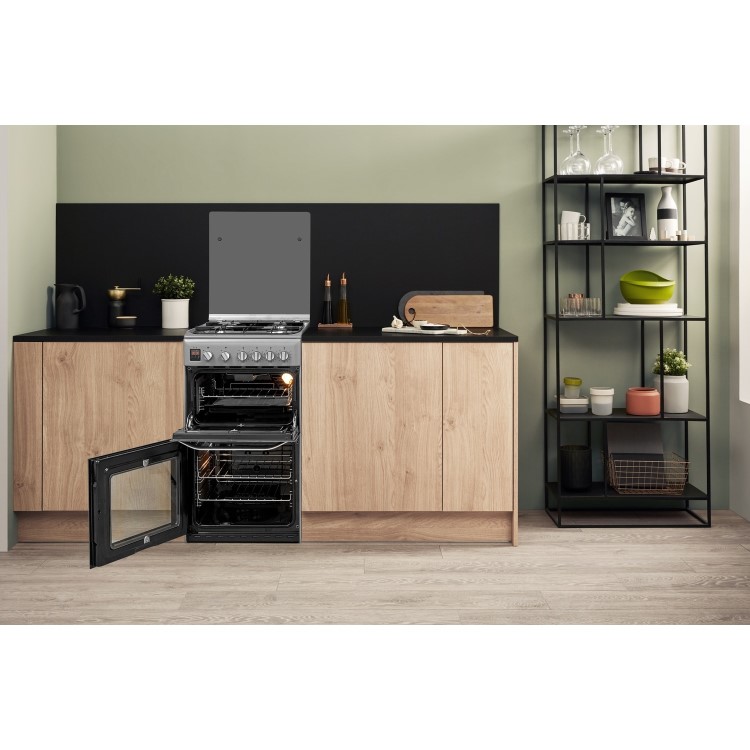 Hotpoint 50cm Double Cavity Gas Cooker with Lid - Silver