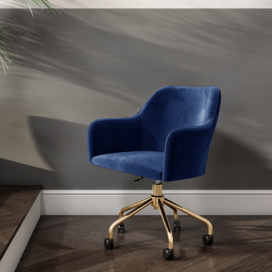 Navy Blue Velvet Office Swivel Chair with Gold Base