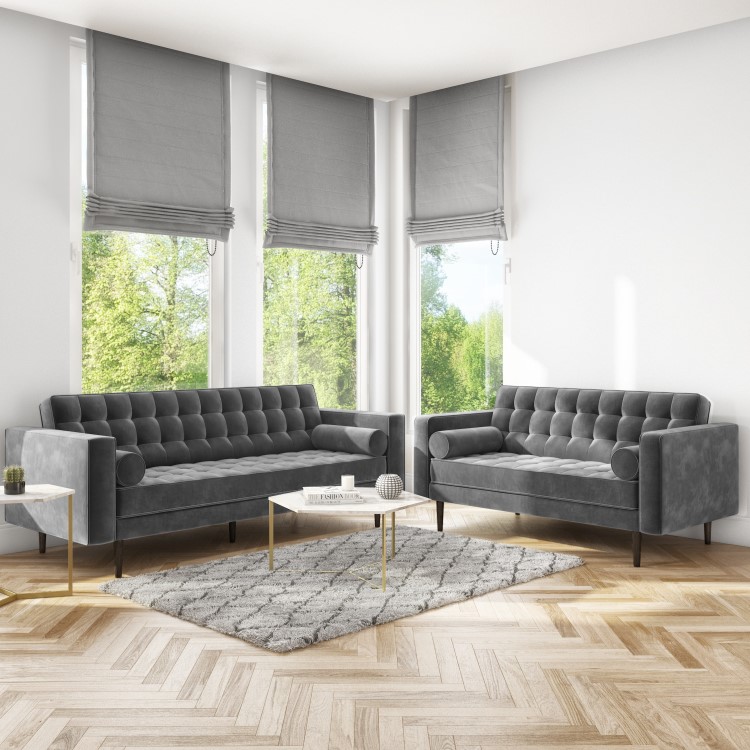 Grey Velvet 2 Seater Mid Century Quilted Sofa - Elba