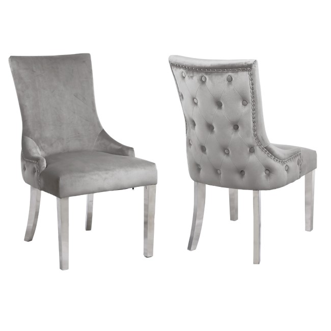 Pair of Button Back Grey Velvet Dining Chairs - Jade Boutique