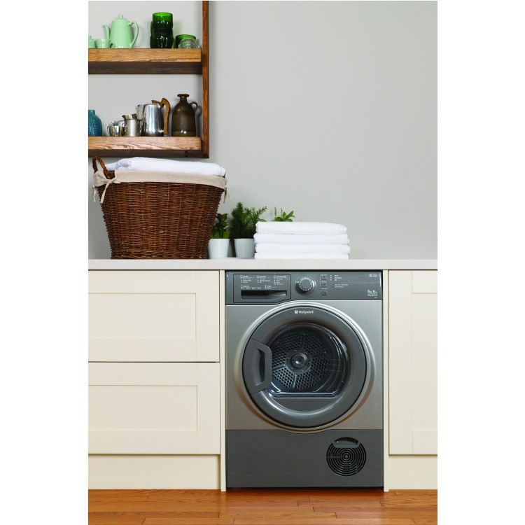 Refurbished Hotpoint TCFS83BGG Aquarius 8kg Freestanding Condenser Sensor Dryer - Graphite