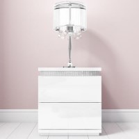 White Gloss Diamante Bedside Table with 2 Drawers - Gabriella