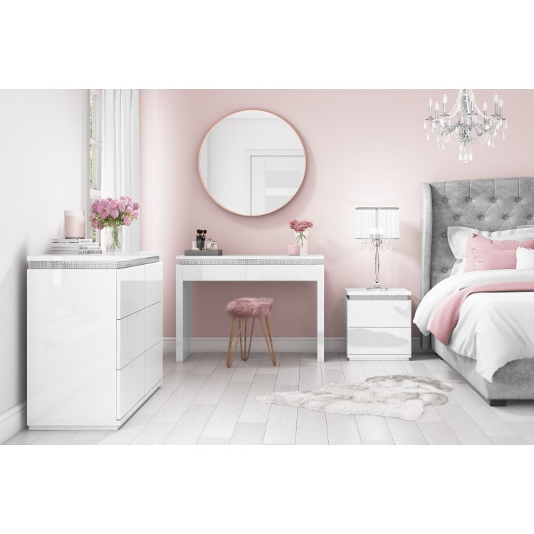 White Gloss Diamante Bedside Table with 2 Drawers - Gabriella