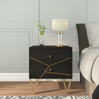 Dark Wood 2 Drawer Bedside Table with Gold Inlay - Mika