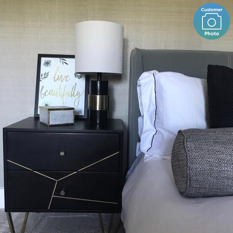 Dark Wood 2 Drawer Bedside Table with Gold Inlay - Mika
