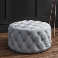 Xena Large Buttoned Footstool in Light Grey Velvet