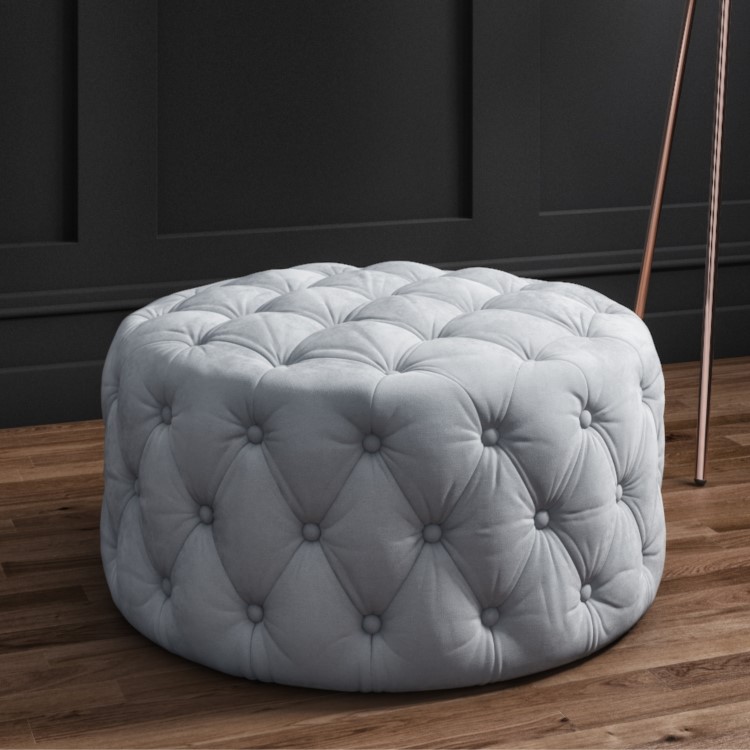 Xena Large Buttoned Footstool in Light Grey Velvet