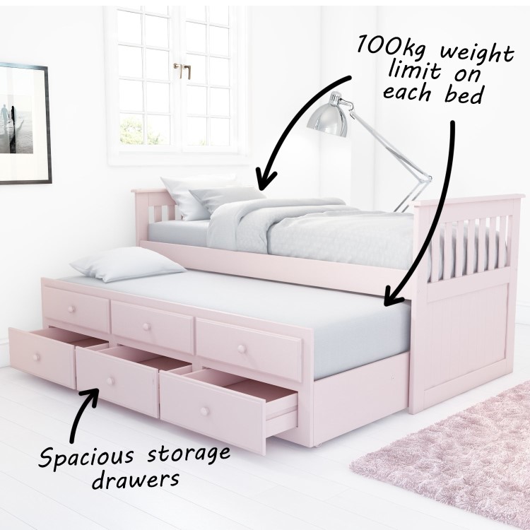 Oxford Captains Guest Bed With Storage in Light Pink - Trundle Bed Included