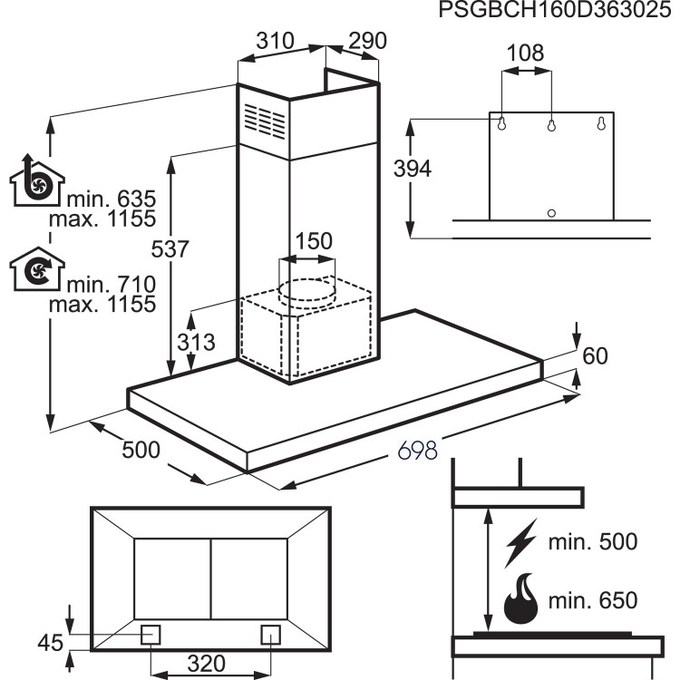 AEG DBB5760HM 70cm Stainless Steel Wall Mounted Box Chimney Hood with Touch Controls