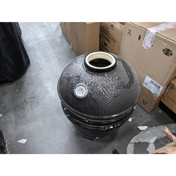 Refurbished Boss Grill EIQEGG 18 Inch Charcoal Ceramic Kamado Style Kettle Grill Egg BBQ in Grey with Wooden Shelves 