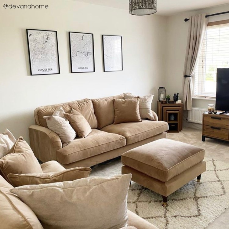 Beige Velvet 3 Seater Sofa - Payton