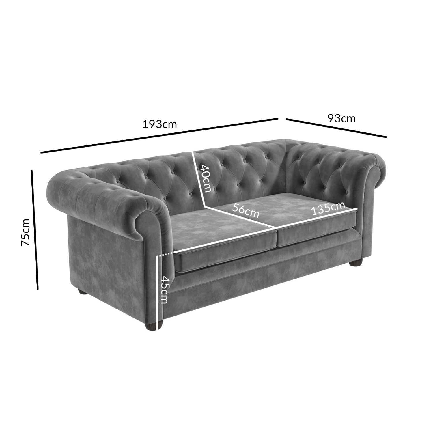 3 Seater Pull Out Chesterfield Sofa Bed in Grey Velvet Bronte