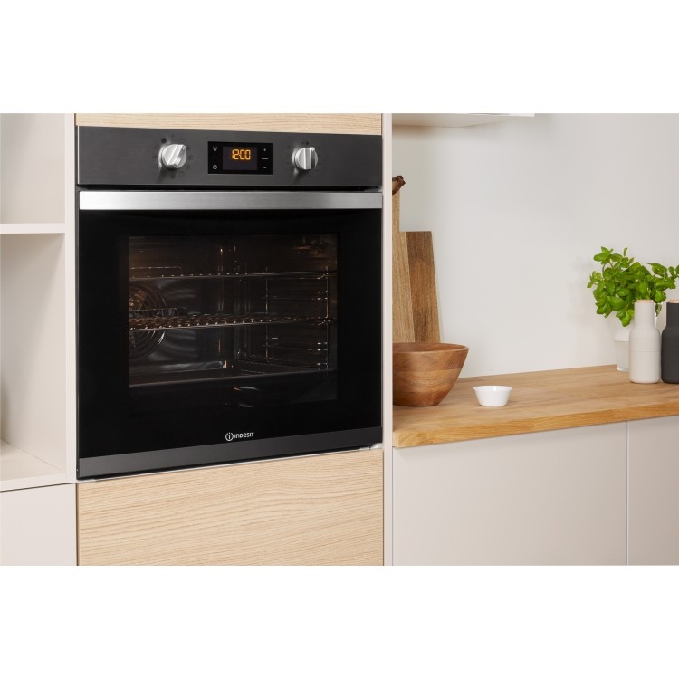 Refurbished Indesit IFW3841PIX 60cm Single Built In Electric Oven With Pyrolytic Cleaning Stainless Steel