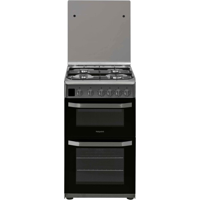 Hotpoint 50cm Double Cavity Gas Cooker with Lid - Stainless Steel