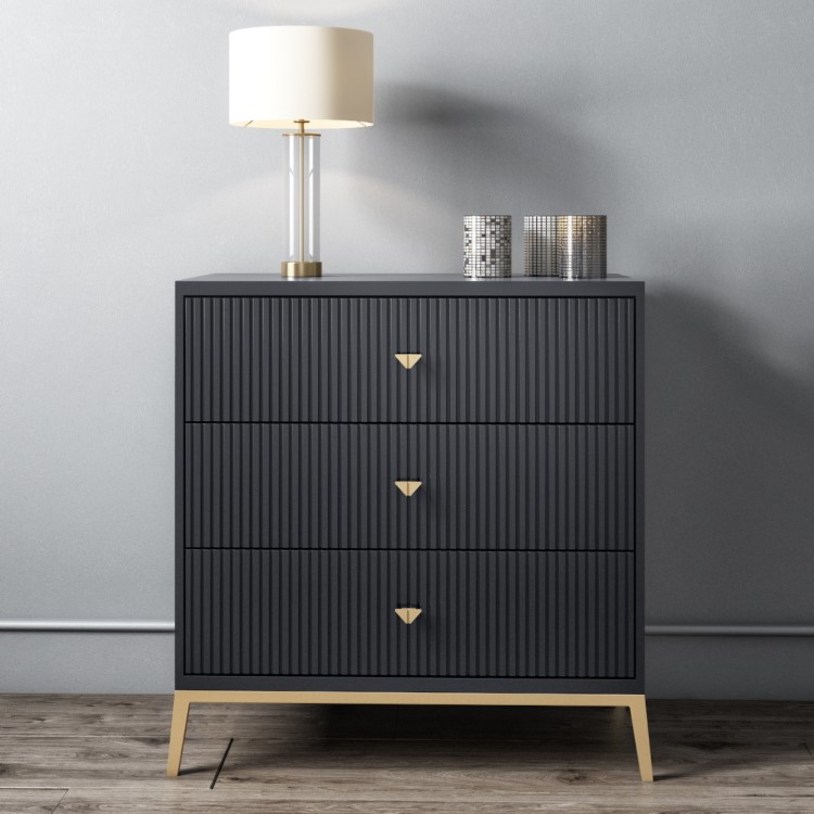 Dark Grey Art Deco Chest of 3 Drawers with Legs - Maya