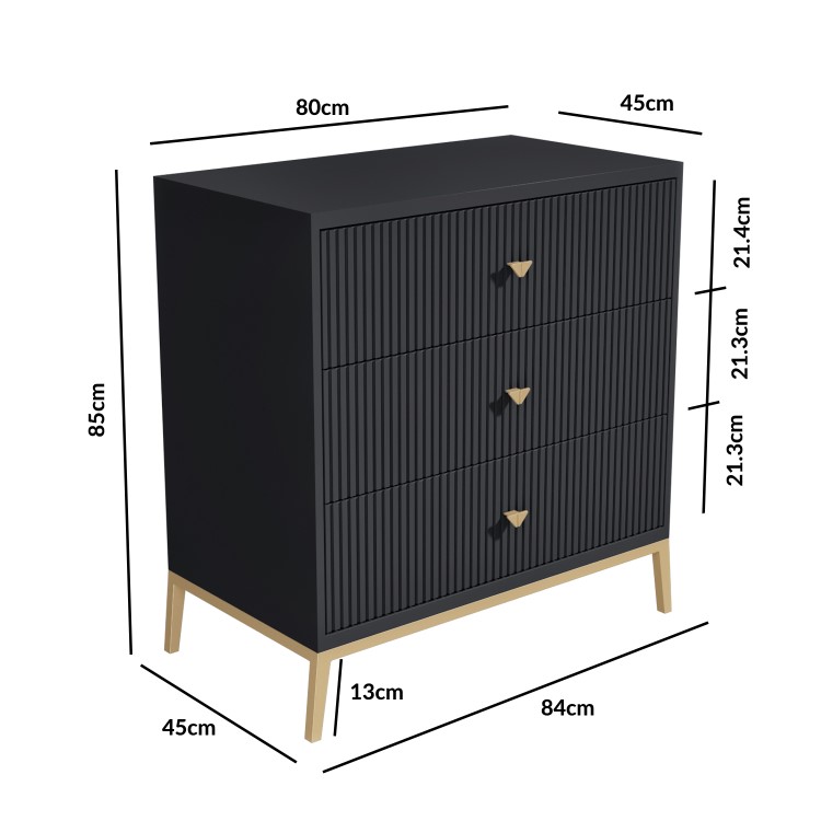 Dark Grey Art Deco Chest of 3 Drawers with Legs - Maya