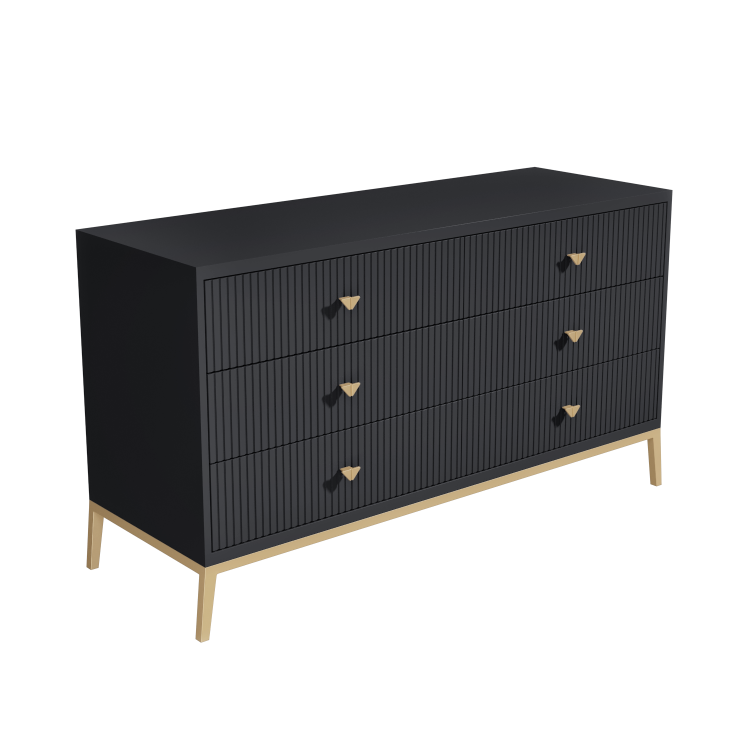 Dark Grey Wide Chest of 6 Drawers with Gold Legs - Maya